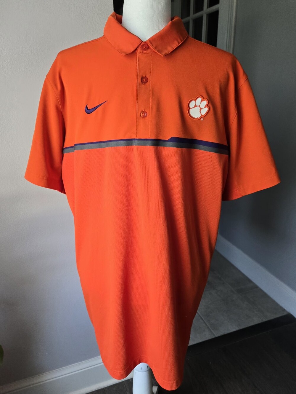 Nike Dri-FIT Clemson Tigers Polo Shirt Men's XL Orange Grey Chest Stripe Golf